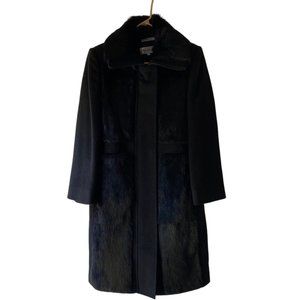 Teresa Tardia Italy Black Virgin  Wool Coat Rabbit Fur Trim  Full Zip Sz 8 Italy